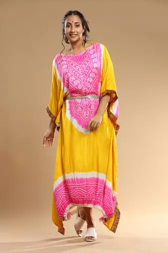 Pink And Yellow Bandhani Kaftan