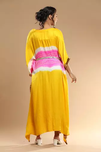 Pink And Yellow Bandhani Kaftan