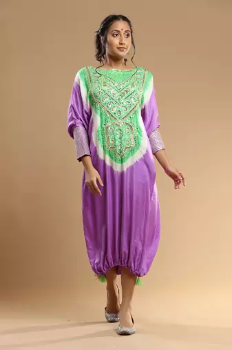 Mauve And Green Bandhani Kaftan