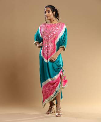 Pink And Teal Green Bandhani Kaftan 1