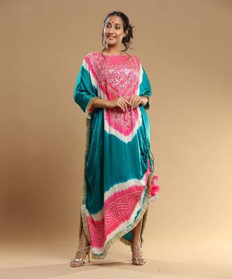 Pink And Teal Green Bandhani Kaftan 2