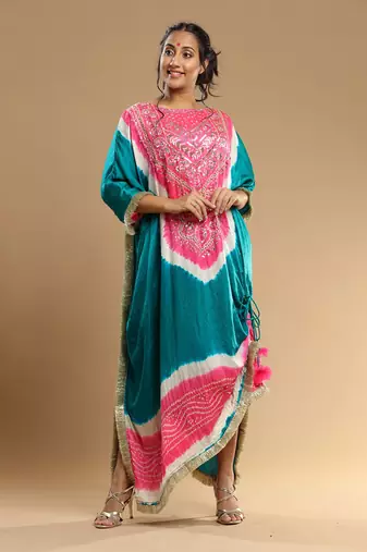 Pink And Teal Green Bandhani Kaftan