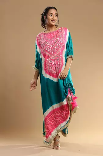 Pink And Teal Green Bandhani Kaftan