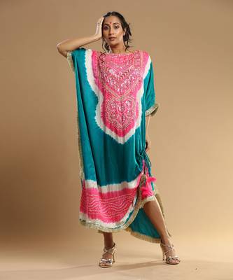 Pink And Teal Green Bandhani Kaftan 4