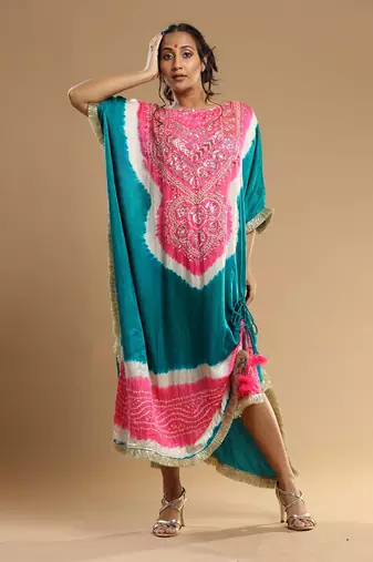 Pink And Teal Green Bandhani Kaftan
