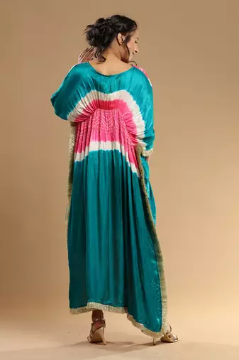 Pink And Teal Green Bandhani Kaftan