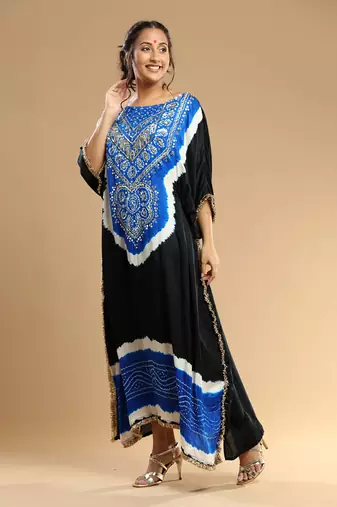 Electric Blue And Black Bandhani Kaftan