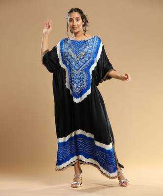 Electric Blue And Black Bandhani Kaftan 4