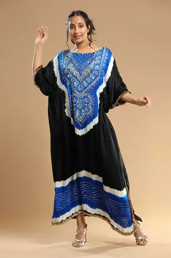 Electric Blue And Black Bandhani Kaftan