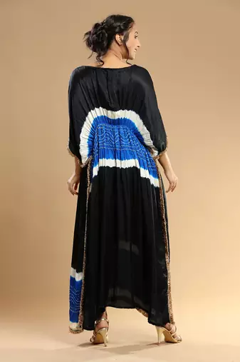 Electric Blue And Black Bandhani Kaftan
