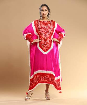 Red And Fuschia Bandhani Kaftan 1