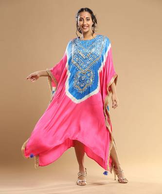 Turqoise And Pink Bandhani Kaftan 1
