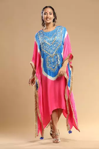 Turqoise And Pink Bandhani Kaftan
