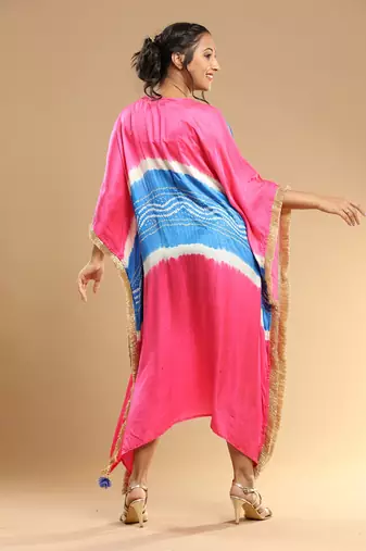 Turqoise And Pink Bandhani Kaftan
