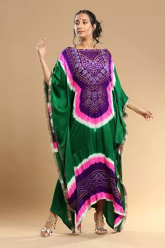 Purple Pink White Green Bandhani Kaftan