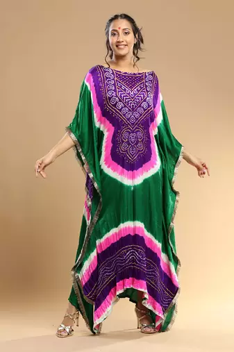 Purple Pink White Green Bandhani Kaftan