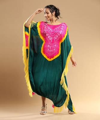 Fuschia Yellown Green Bandhani Kaftan 1