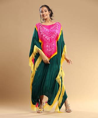 Fuschia Yellown Green Bandhani Kaftan 2