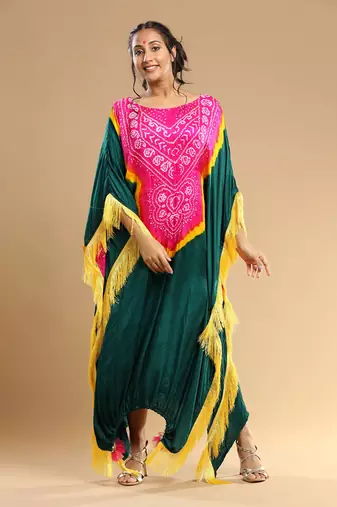 Fuschia Yellown Green Bandhani Kaftan