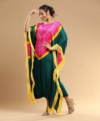 Fuschia Yellown Green Bandhani Kaftan 3