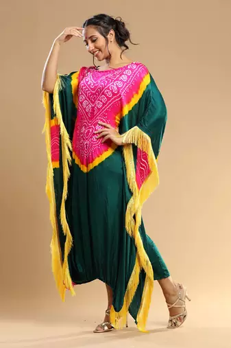Fuschia Yellown Green Bandhani Kaftan