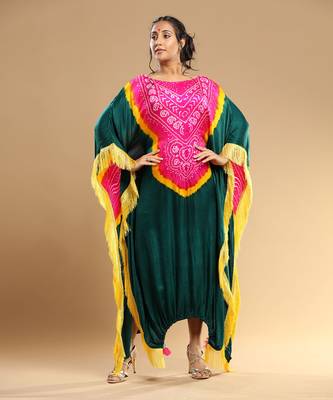 Fuschia Yellown Green Bandhani Kaftan 4