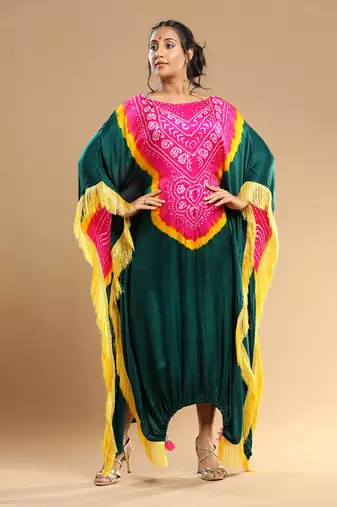 Fuschia Yellown Green Bandhani Kaftan