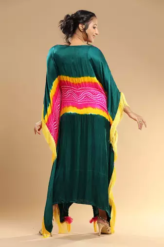 Fuschia Yellown Green Bandhani Kaftan