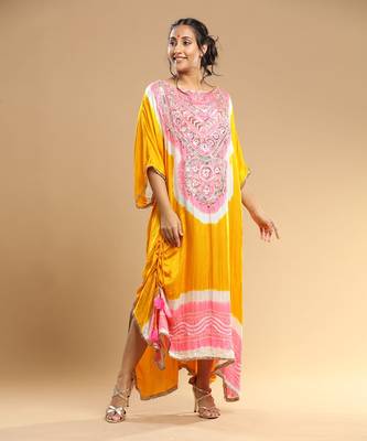 Peach And Yellow Bandhani Kaftan 1