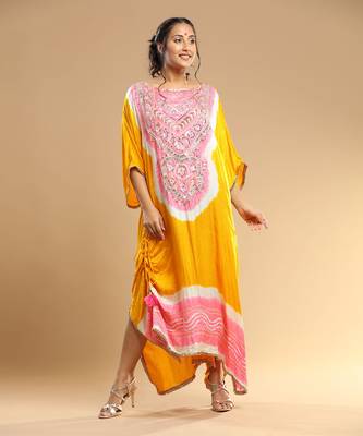 Peach And Yellow Bandhani Kaftan 2