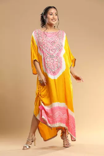 Peach And Yellow Bandhani Kaftan