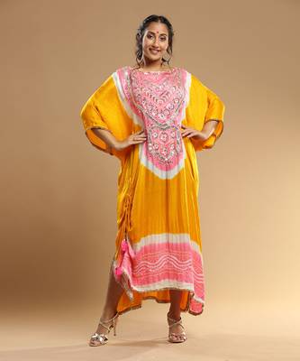 Peach And Yellow Bandhani Kaftan 3