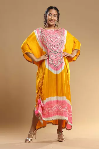 Peach And Yellow Bandhani Kaftan