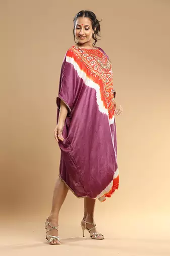 Orange And Mauve Bandhani Kaftan