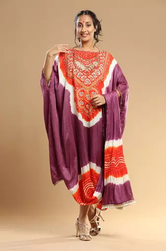 Orange And Mauve Bandhani Kaftan