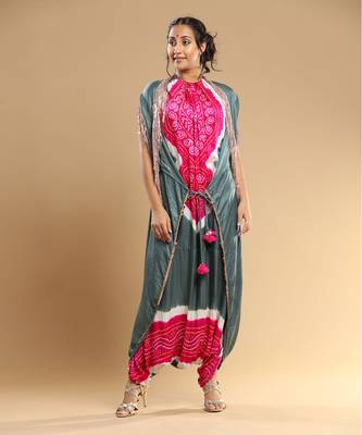 Fuschia And  Grey Bandhani Jumpsuit 1