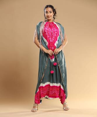 Fuschia And  Grey Bandhani Jumpsuit 2