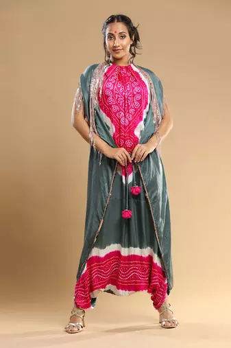 Fuschia And  Grey Bandhani Jumpsuit