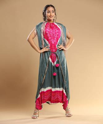 Fuschia And  Grey Bandhani Jumpsuit 3