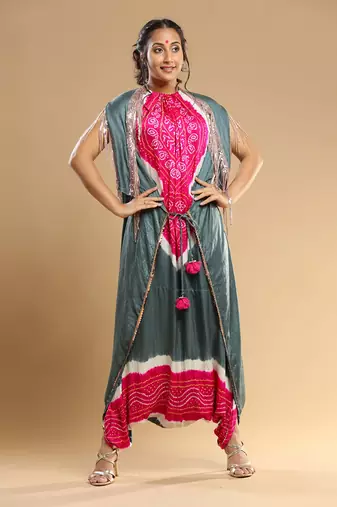 Fuschia And  Grey Bandhani Jumpsuit