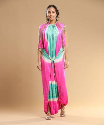 Sea Green And Pink Bandhani Jumpsuit 1
