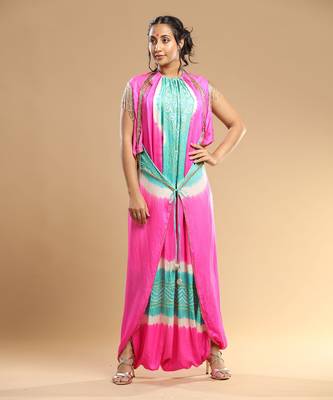 Sea Green And Pink Bandhani Jumpsuit 2