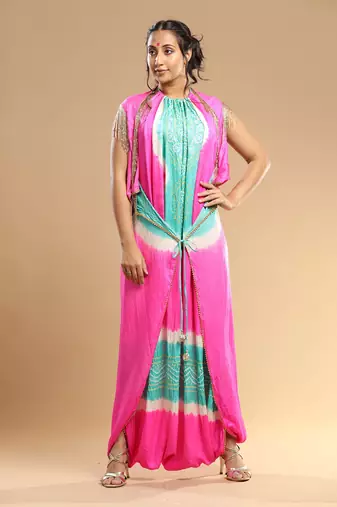 Sea Green And Pink Bandhani Jumpsuit