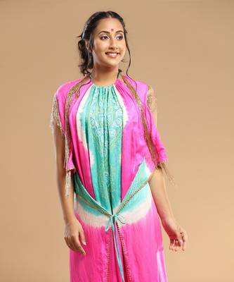 Sea Green And Pink Bandhani Jumpsuit 3