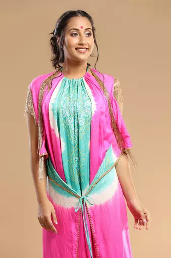 Sea Green And Pink Bandhani Jumpsuit