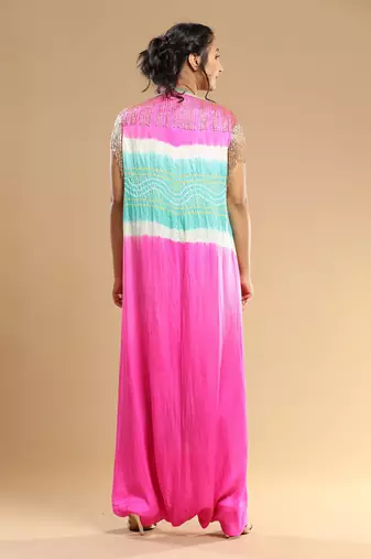 Sea Green And Pink Bandhani Jumpsuit