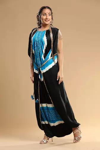 Turqoise And Black Bandhani Jumpsuit