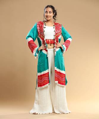 Red Sea Green White Bandhani Jacket Pallazo And Bustier 1