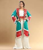 Red Sea Green White Bandhani Jacket Pallazo And Bustier