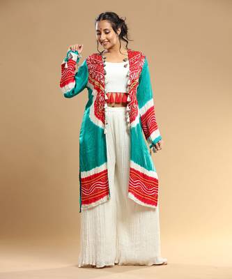 Red Sea Green White Bandhani Jacket Pallazo And Bustier 2